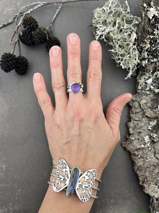 Amethyst Birch Bark Silver Ring sz 8