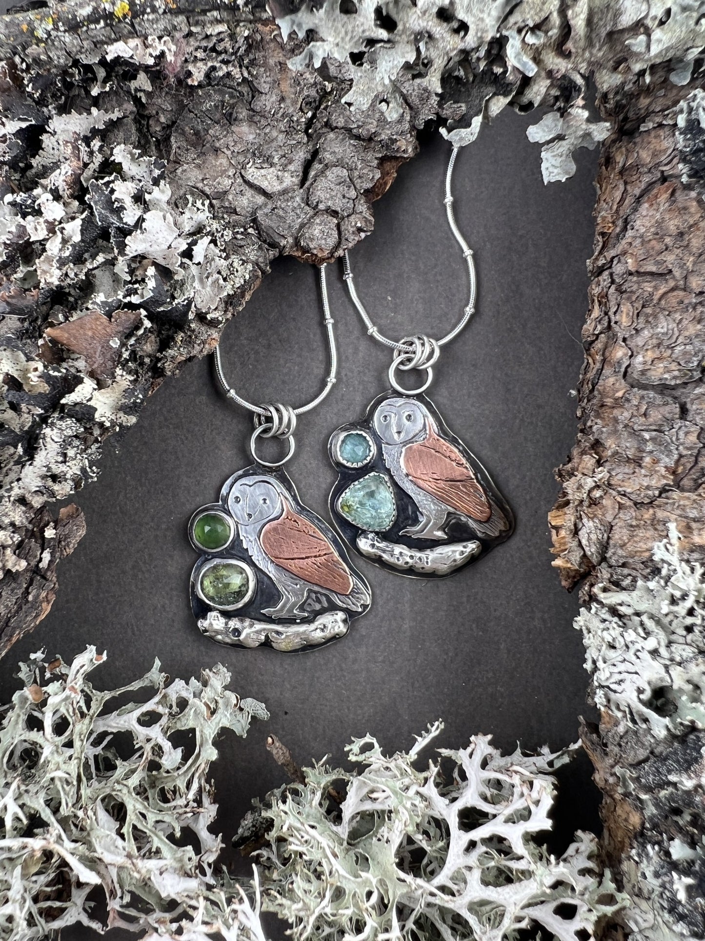 Tourmaline & Serpentine Barn Owl Pendant