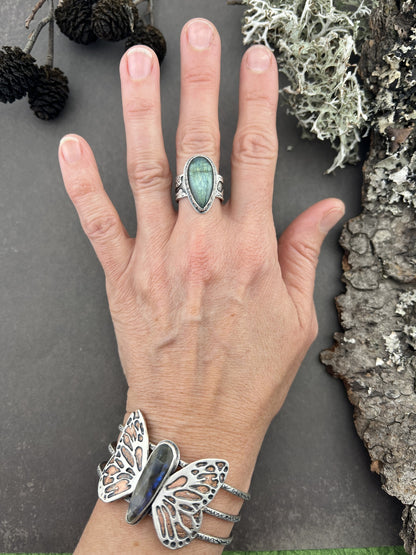 Labradorite Birch Bark Silver Ring sz 7 & 1/4