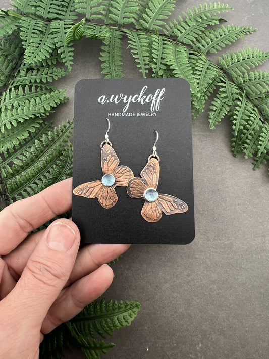 Copper Aquamarine Butterfly Earrings