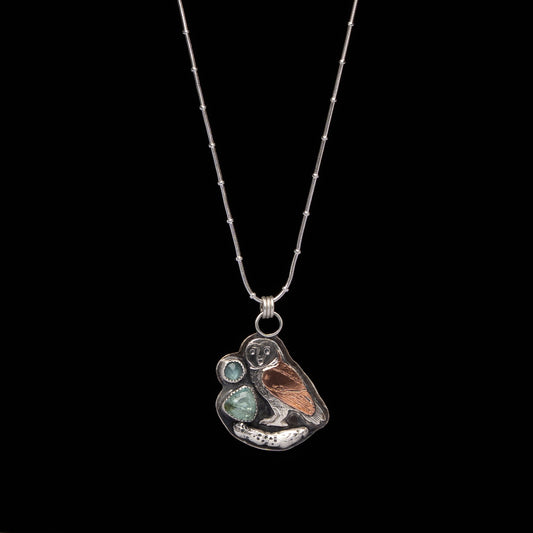 Tourmaline & Aquamarine Barn Owl Pendant