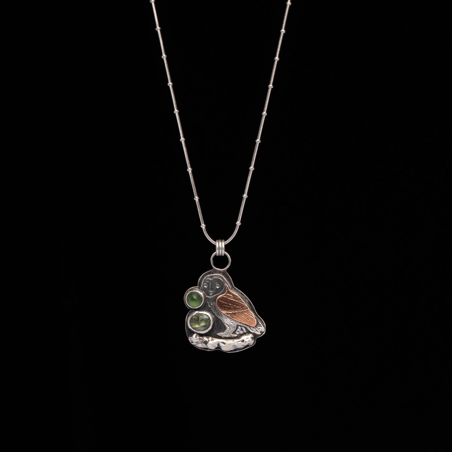 Tourmaline & Serpentine Barn Owl Pendant