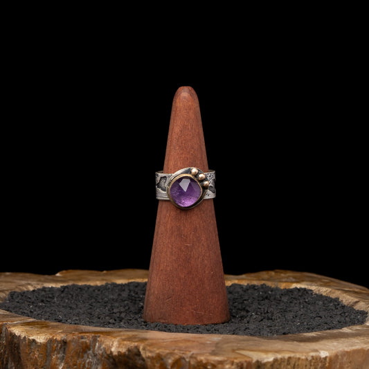 Amethyst Birch Bark Silver Ring sz 8