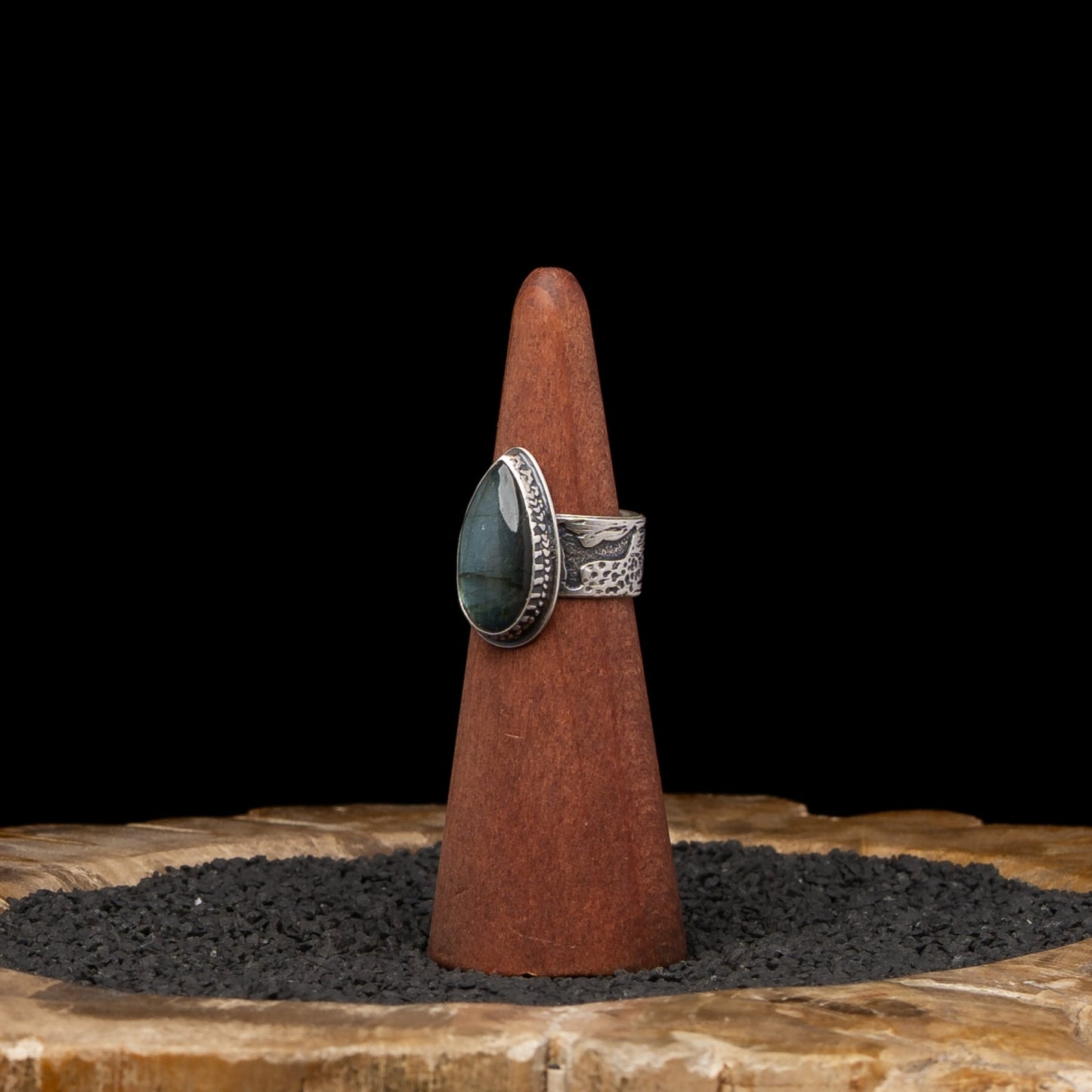 Labradorite Birch Bark Silver Ring sz 7 & 1/4